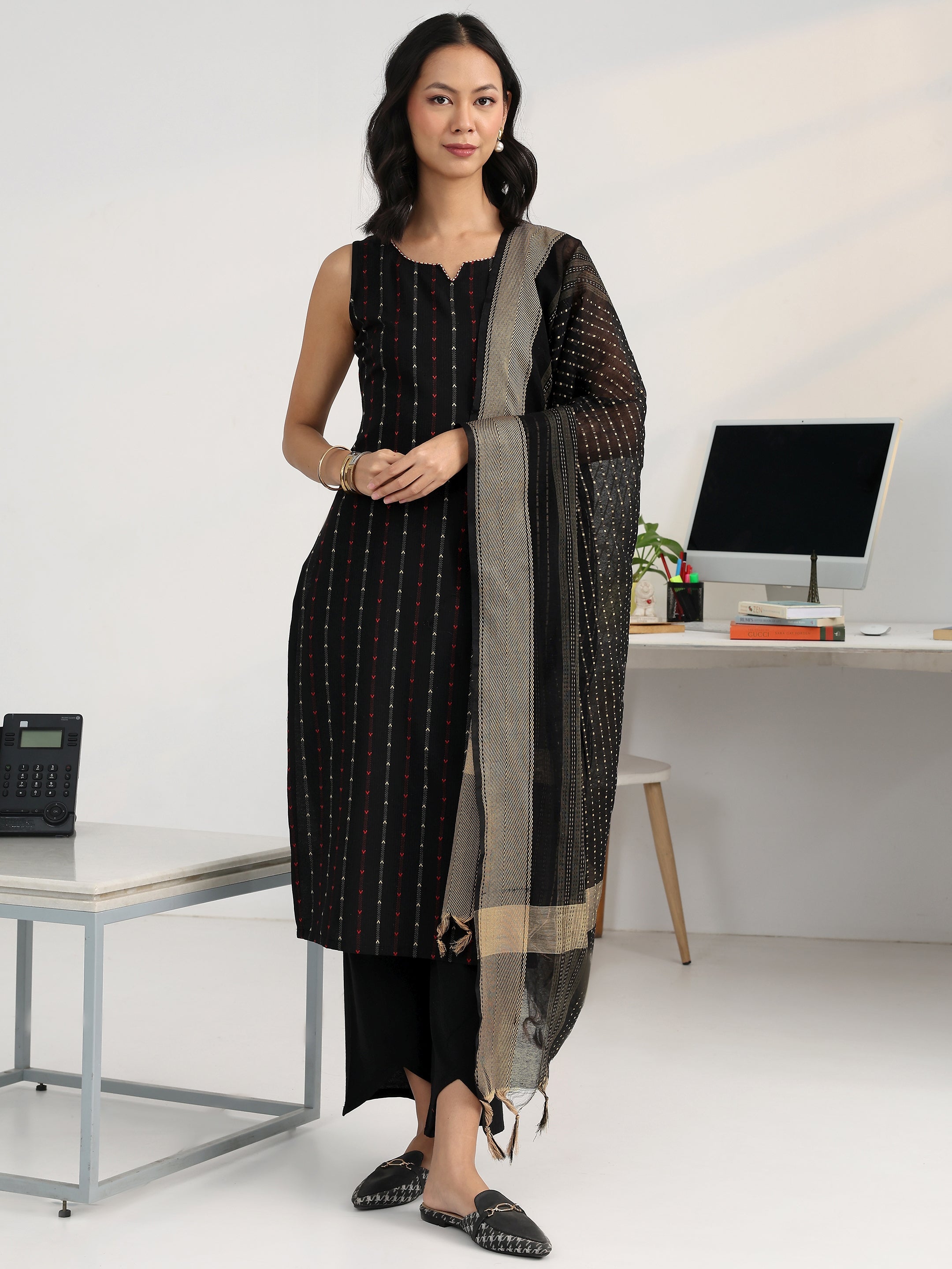 libas Black Striped Woven Design Cotton Blend Straight Suit Set With Dupatta-picture-17
