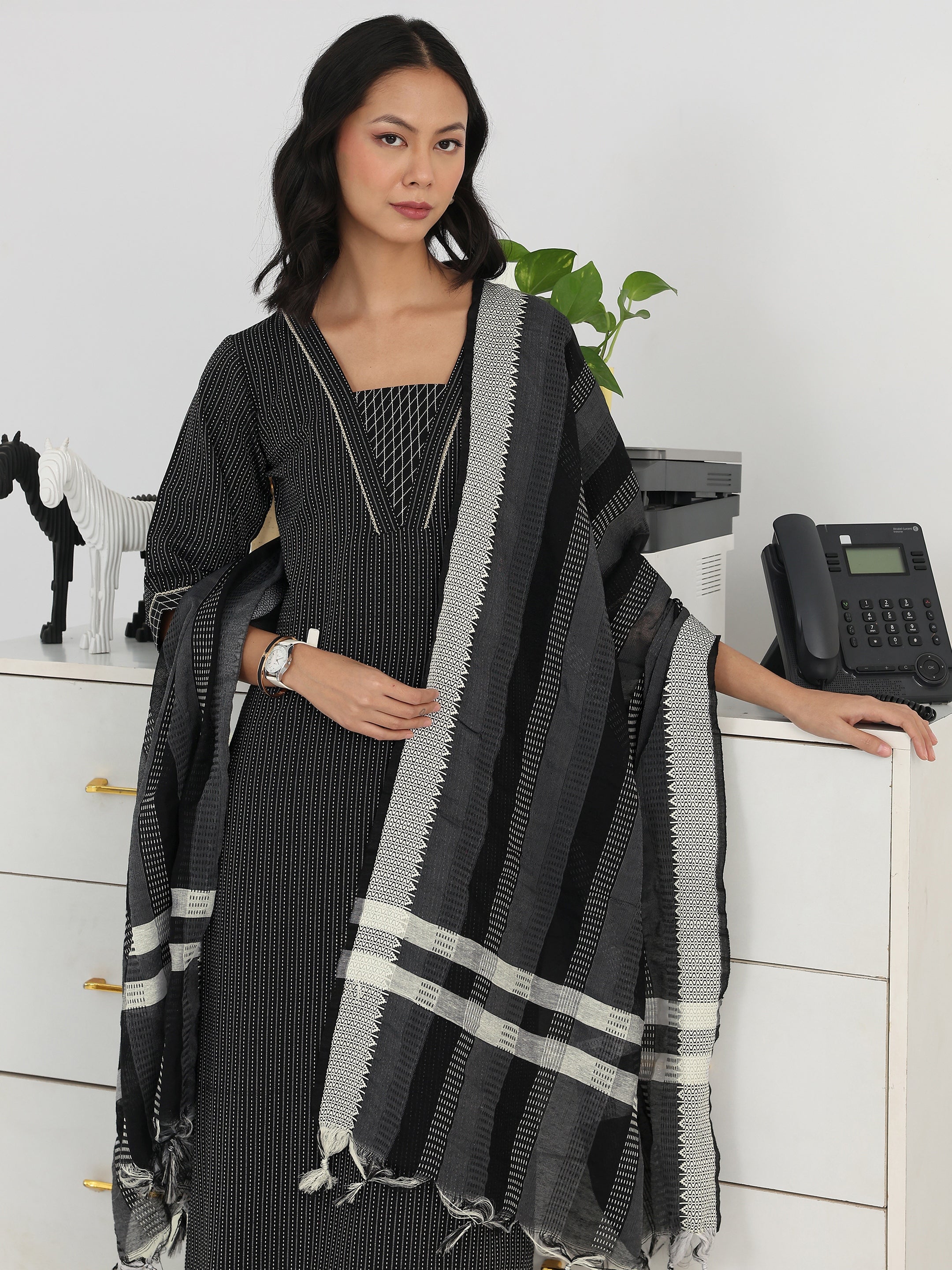 libas Black Striped Woven Design Cotton Blend Straight Suit Set With Dupatta-picture-18