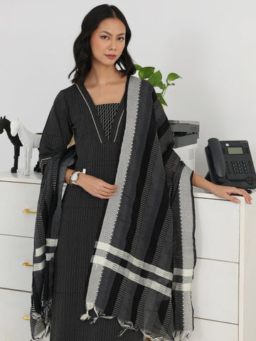 Black Striped Woven Design Cotton Blend Straight Suit Set With Dupatta
