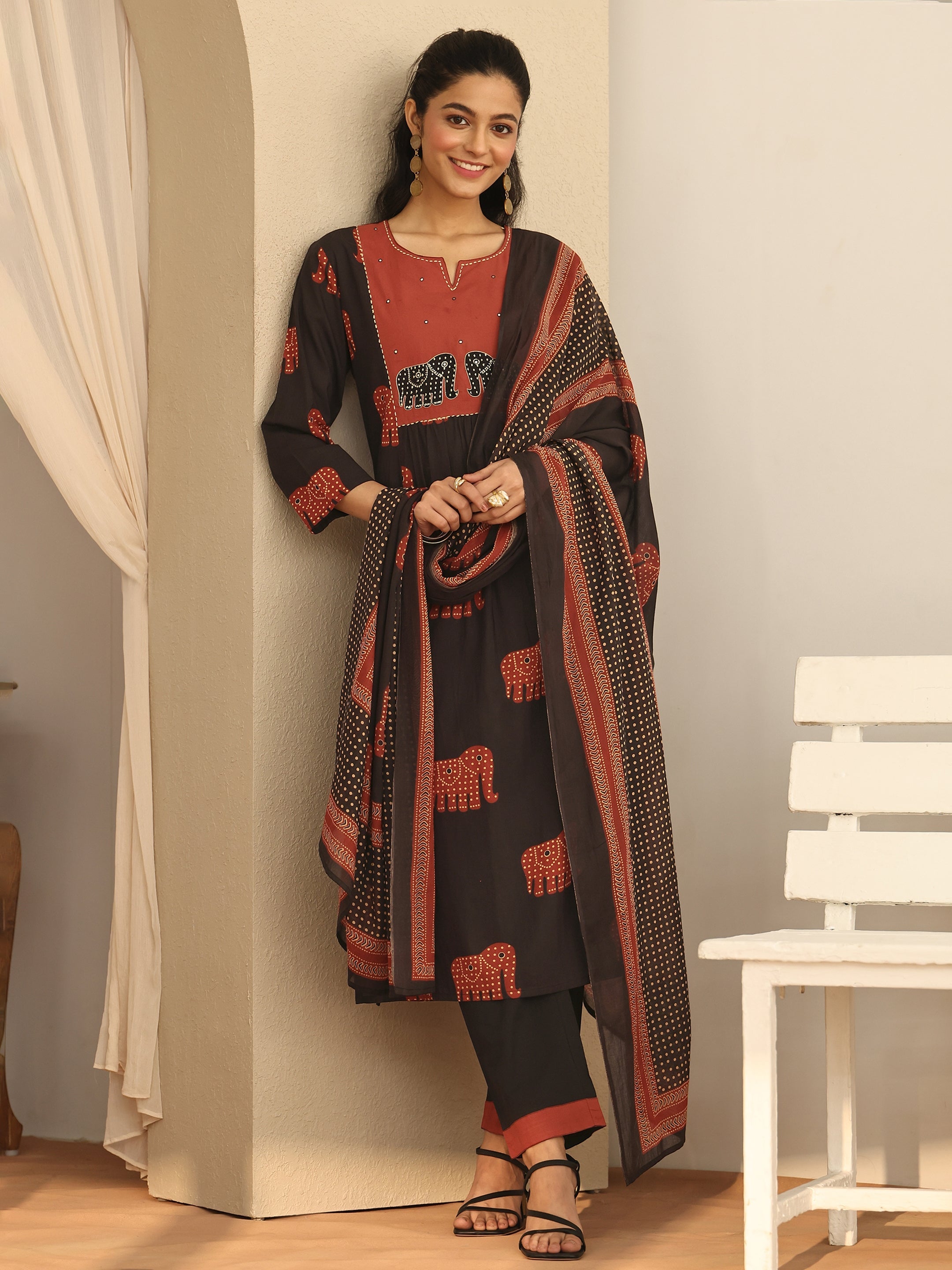 libas Black Tribal Printed Cotton A-Line Suit Set With Dupatta-picture-25