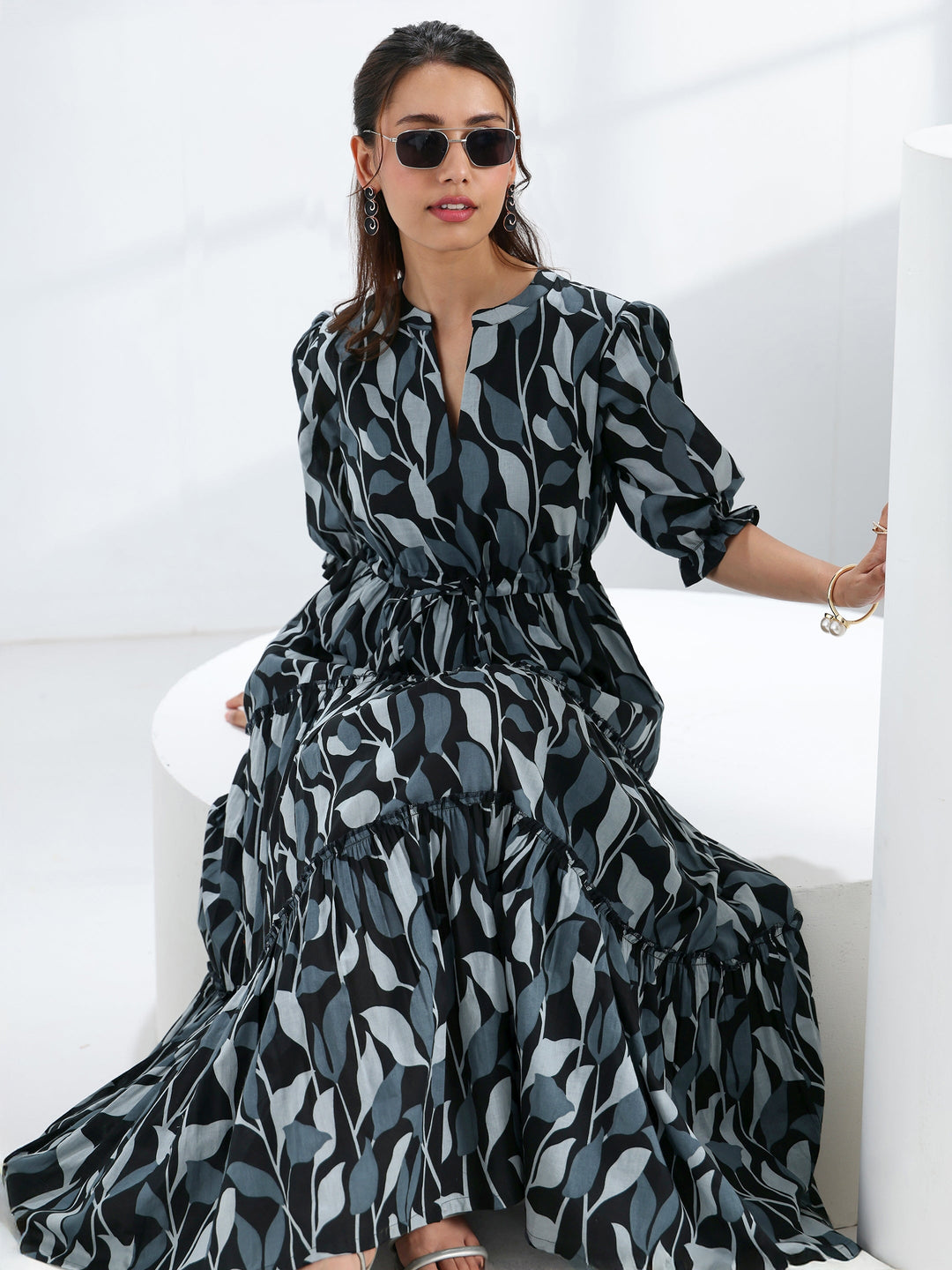  Black Tropical Printed Cotton Tiered One Piece Dress 