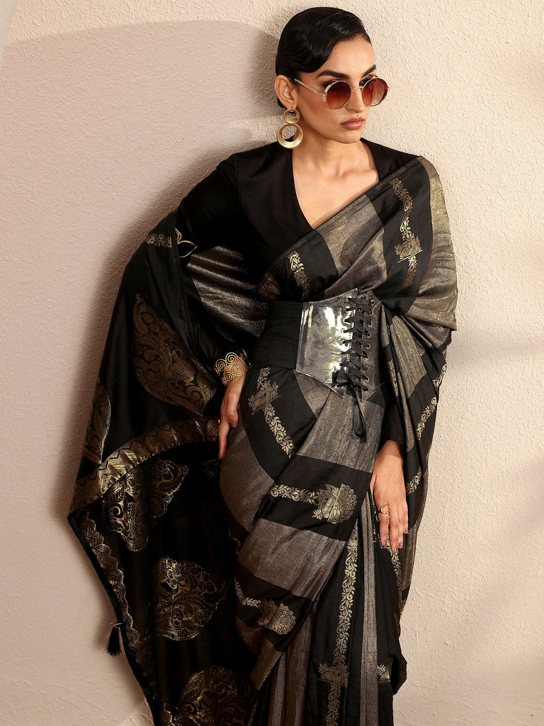 Libas Black Woven Design Banarsi Silk Blend Saree With Unstitched Blouse Piece