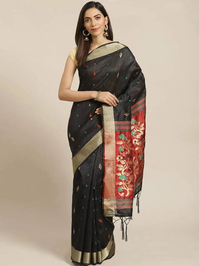 Black Woven Design Brocade Saree - Libas