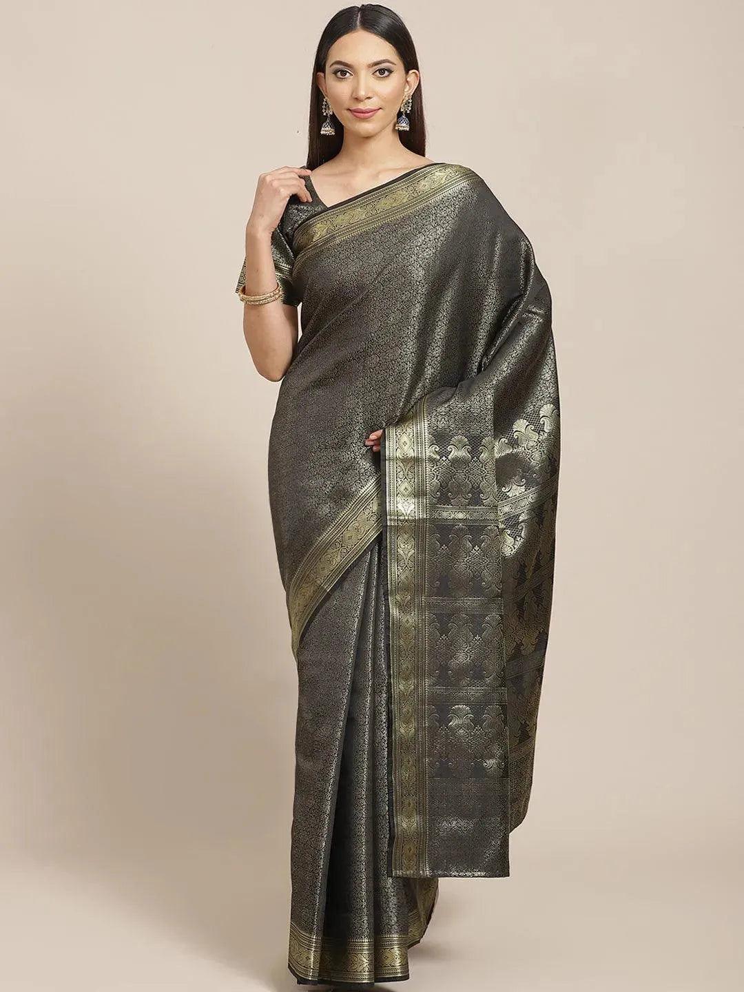 Black Woven Design Brocade Saree - Libas