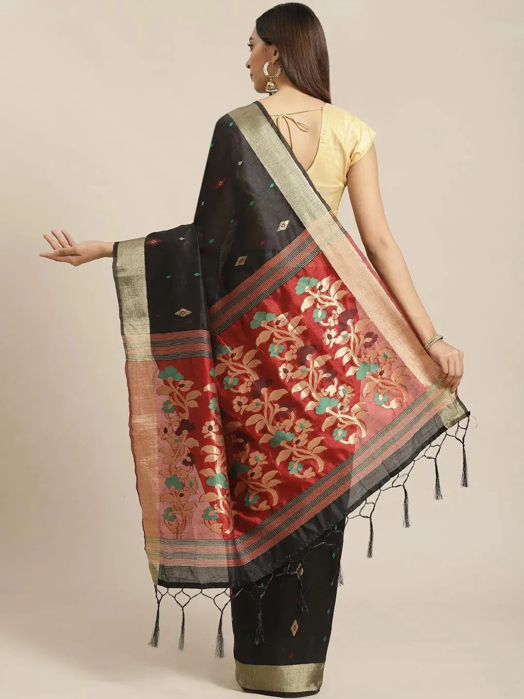 Black Woven Design Brocade Saree - Libas