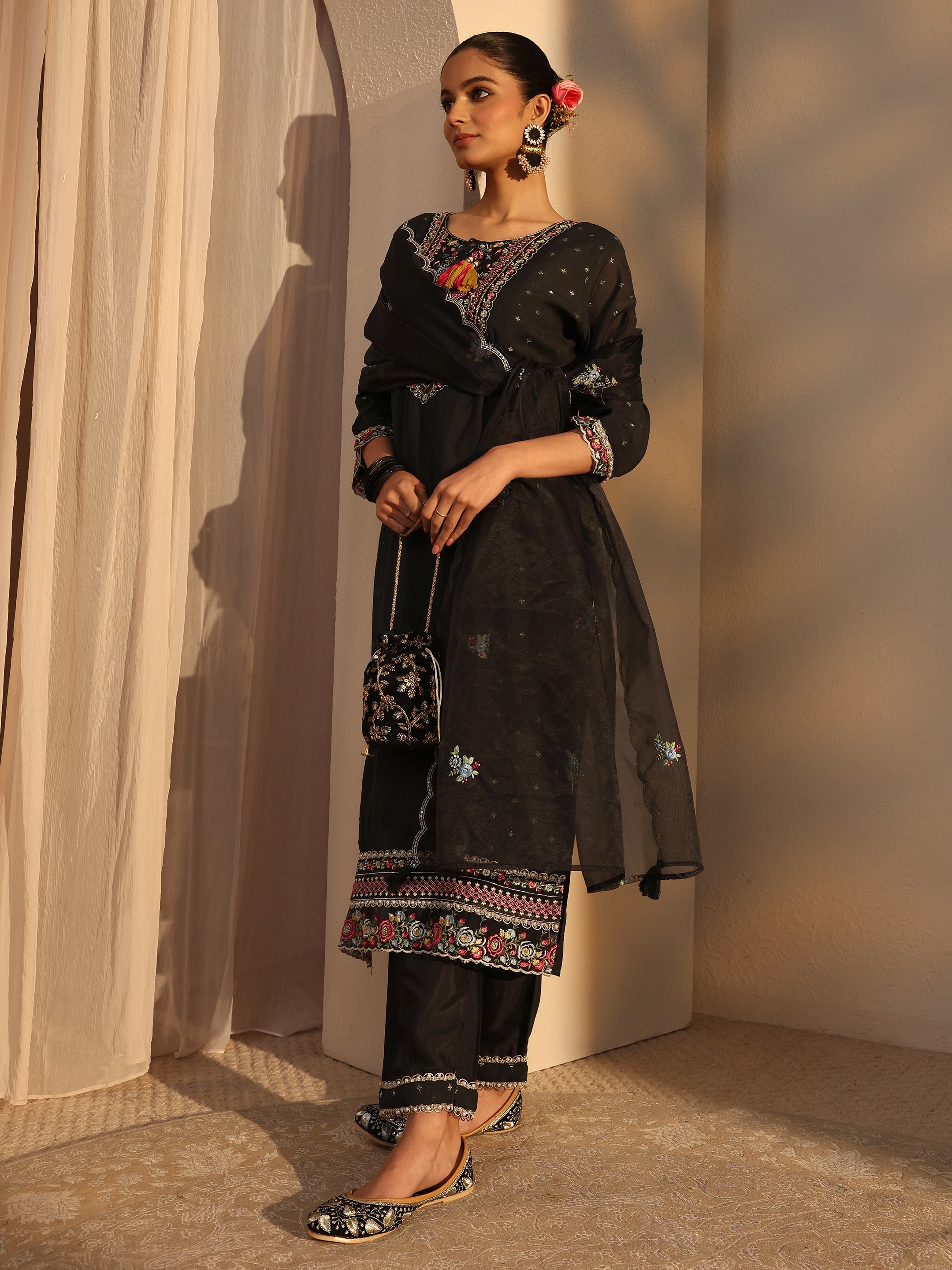 Black Woven Design Chanderi Cotton Straight Suits Set With Dupatta-image-36
