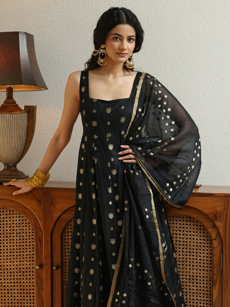 Libas Black Woven Design Chanderi Silk Anarkali Suit Set