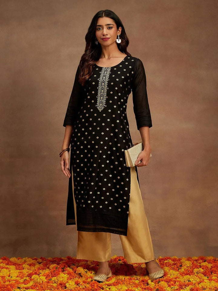 Black Woven Design Chanderi Silk Straight Kurta - Libas