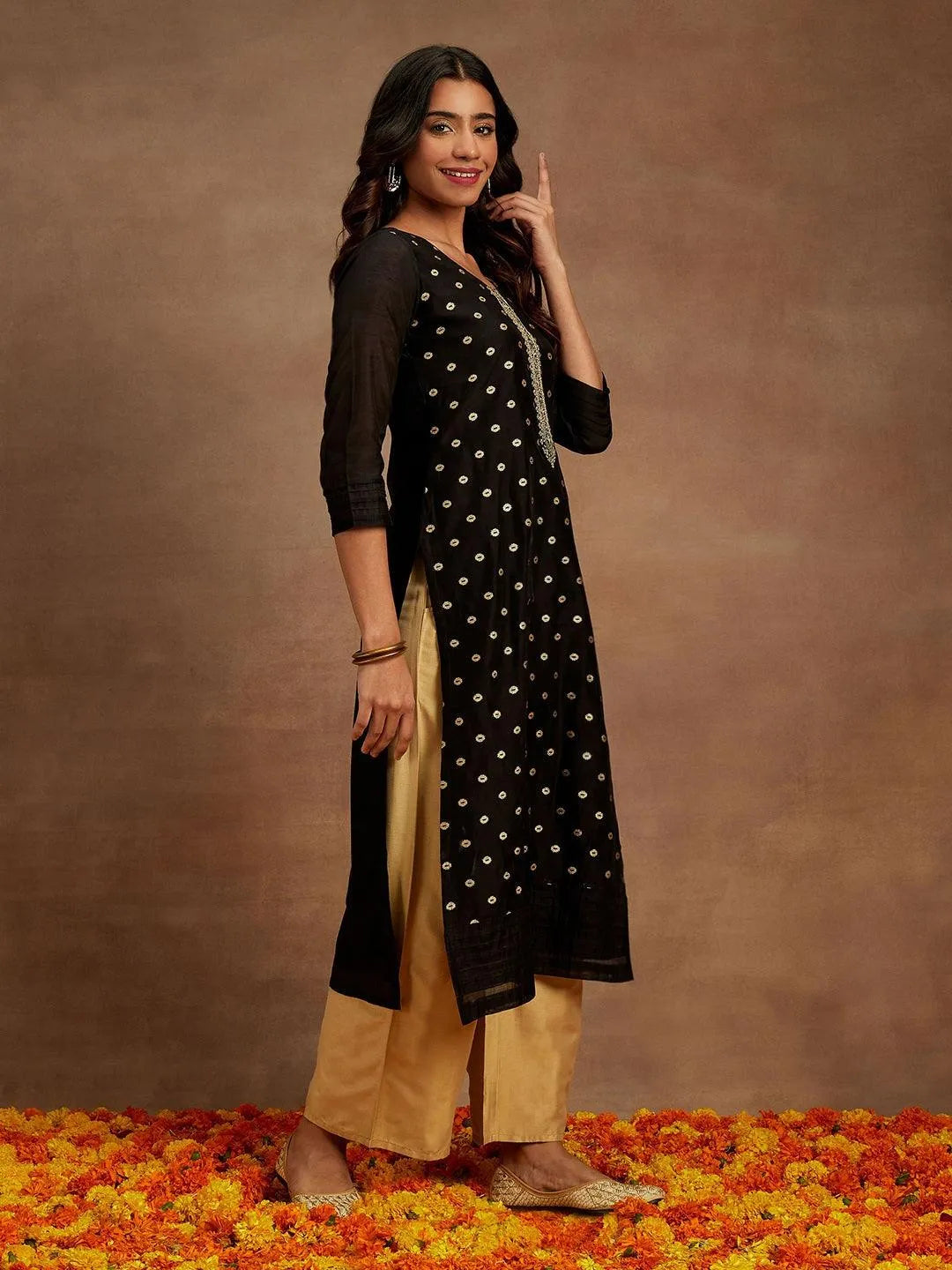 Black Woven Design Chanderi Silk Straight Kurta - Libas