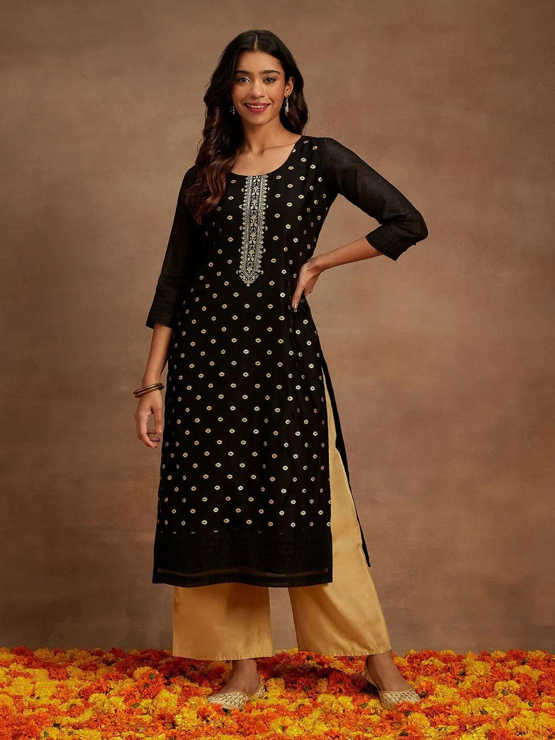 Black Woven Design Chanderi Silk Straight Kurta - Libas