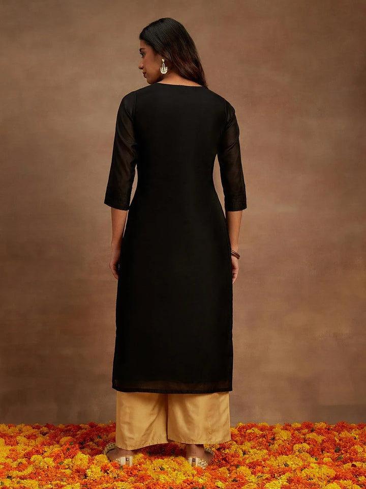 Black Woven Design Chanderi Silk Straight Kurta - Libas