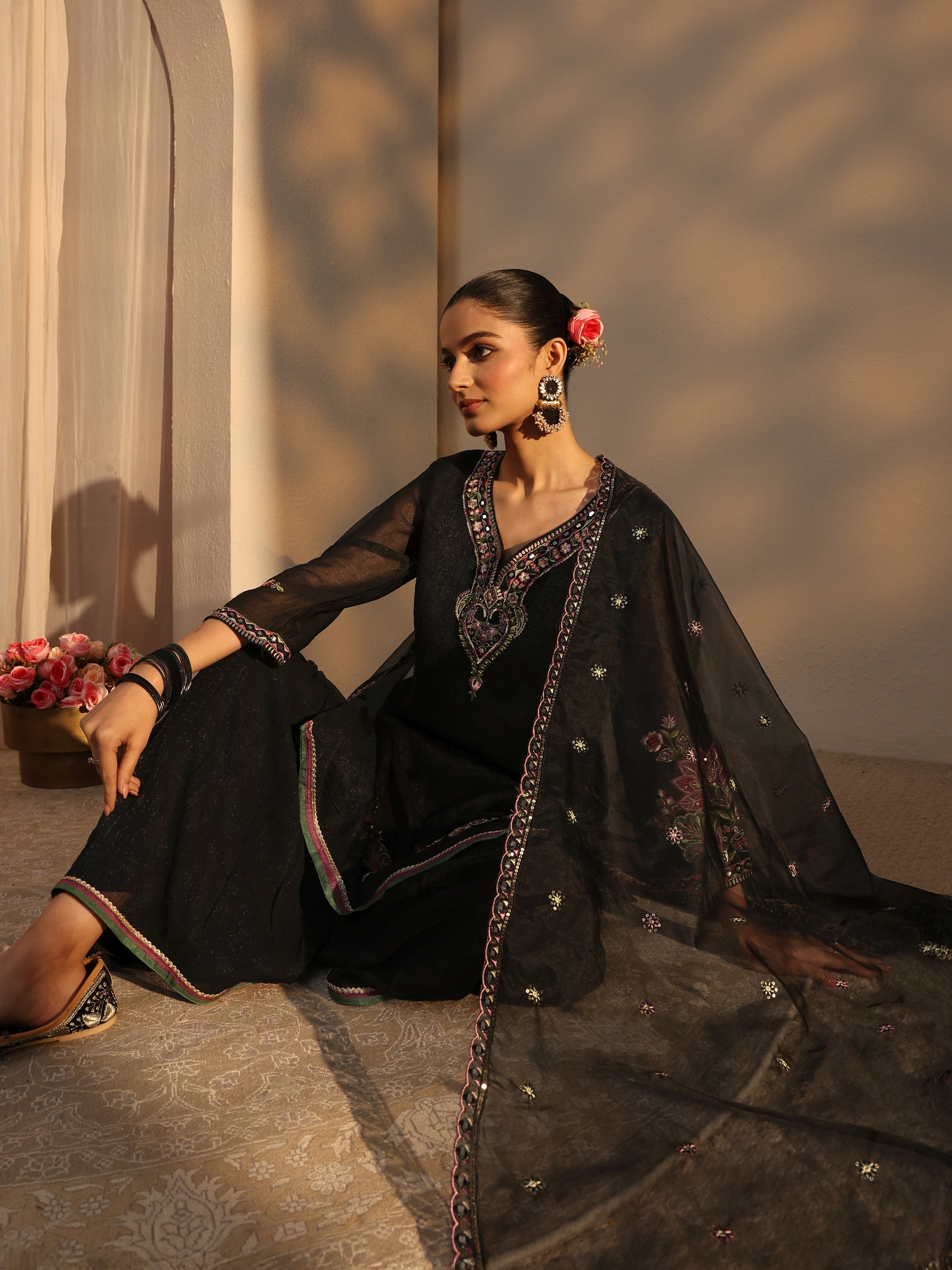 Black Woven Design Chiffon Straight Suits Set With Dupatta-image-35