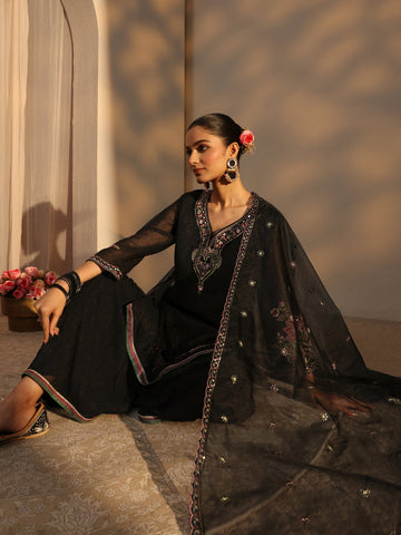 Black Woven Design Chiffon Straight Suits Set With Dupatta