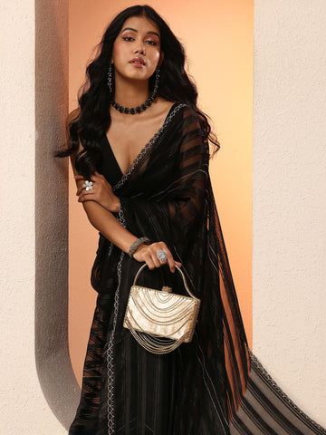 Black Woven Design Chinon Saree With Unstitched Blouse Piece