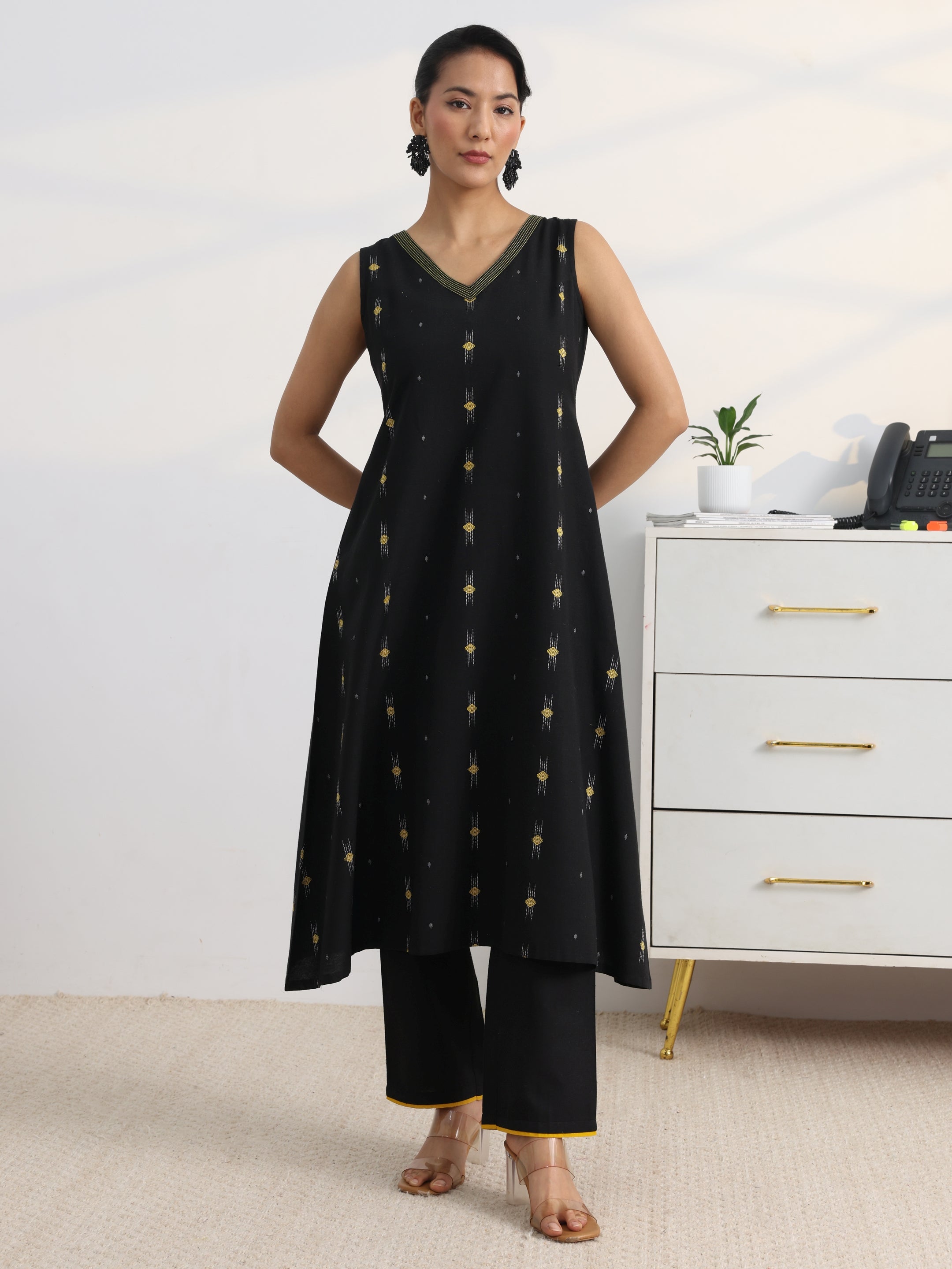 Black Woven Design Cotton Blend A-Line Kurta Set-image-40