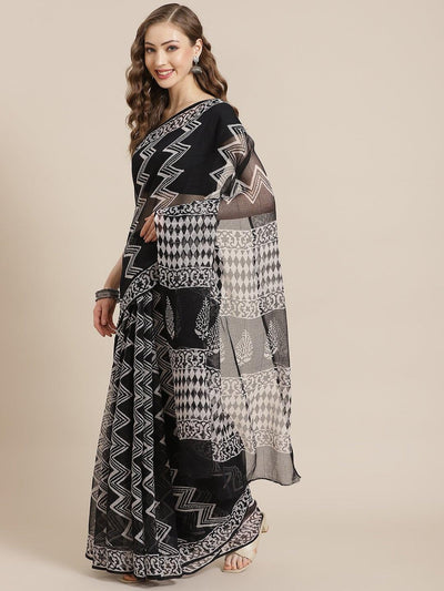 Black Woven Design Cotton Blend Saree - Libas