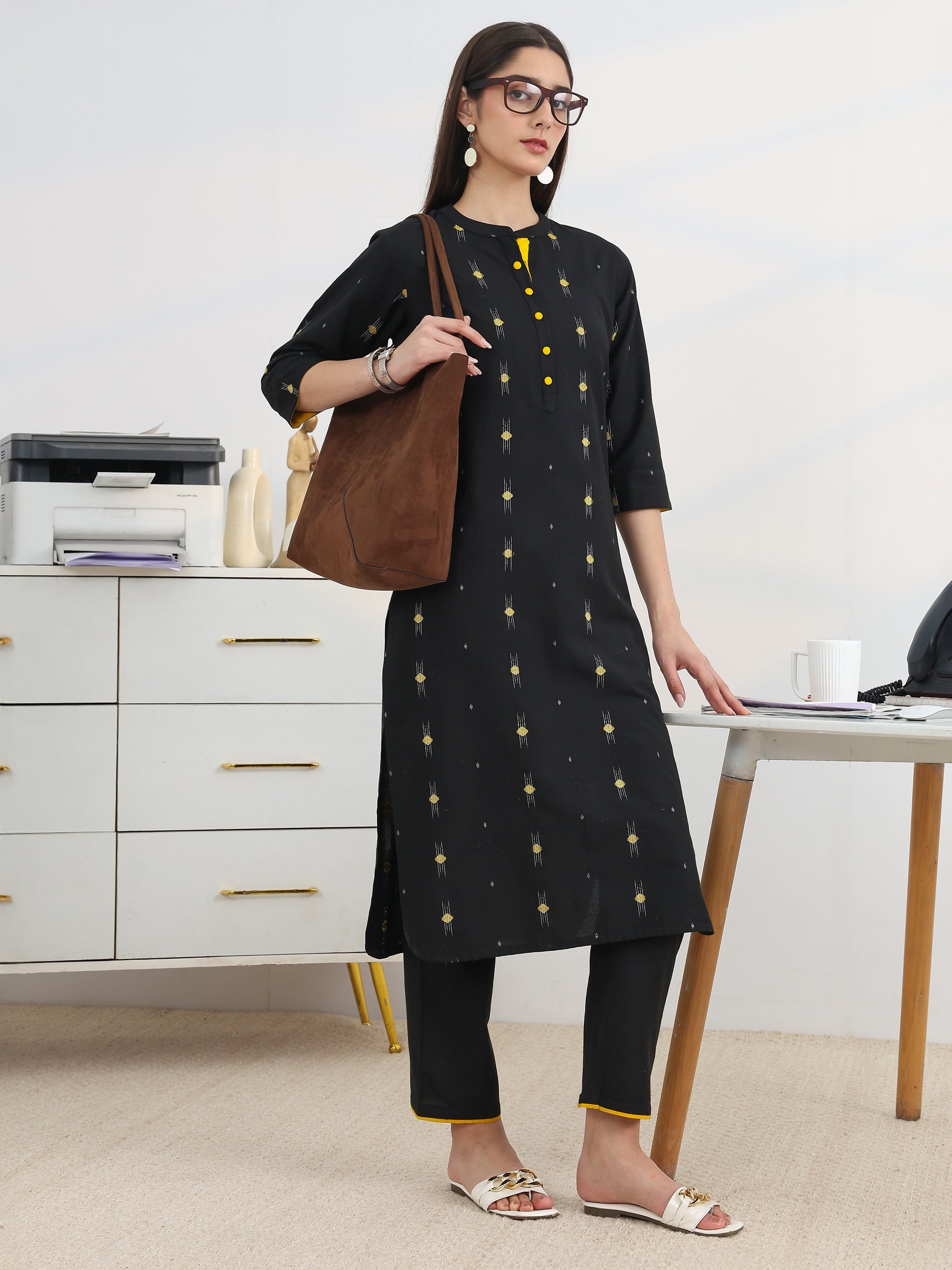 Black Woven Design Cotton Blend Straight Kurta Set-image-38