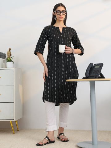 Gerua Black Woven Design Cotton Straight Kurta
