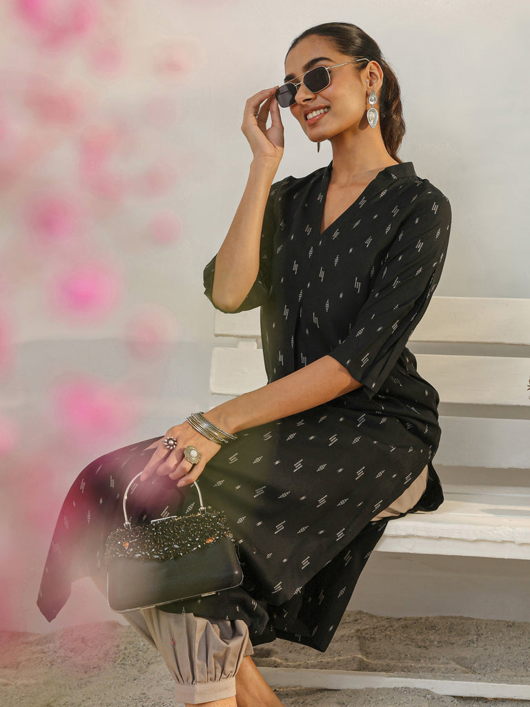 Libas Black Woven Design Rayon Straight Kurta