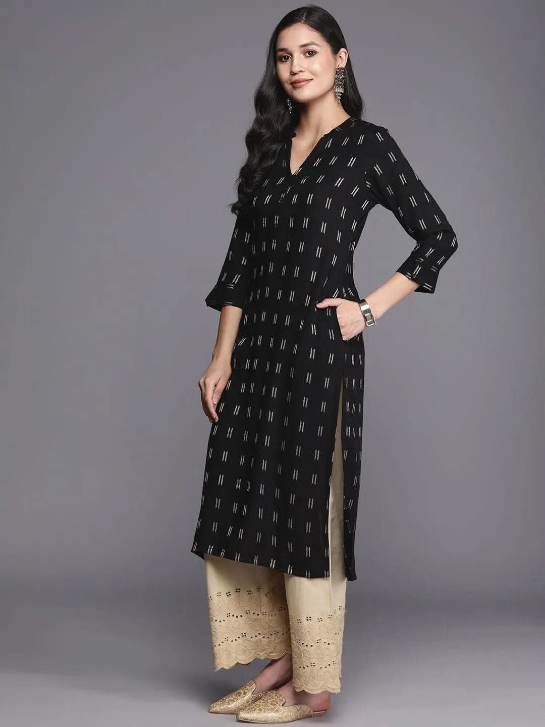 

Black Woven Design Rayon Straight Kurta