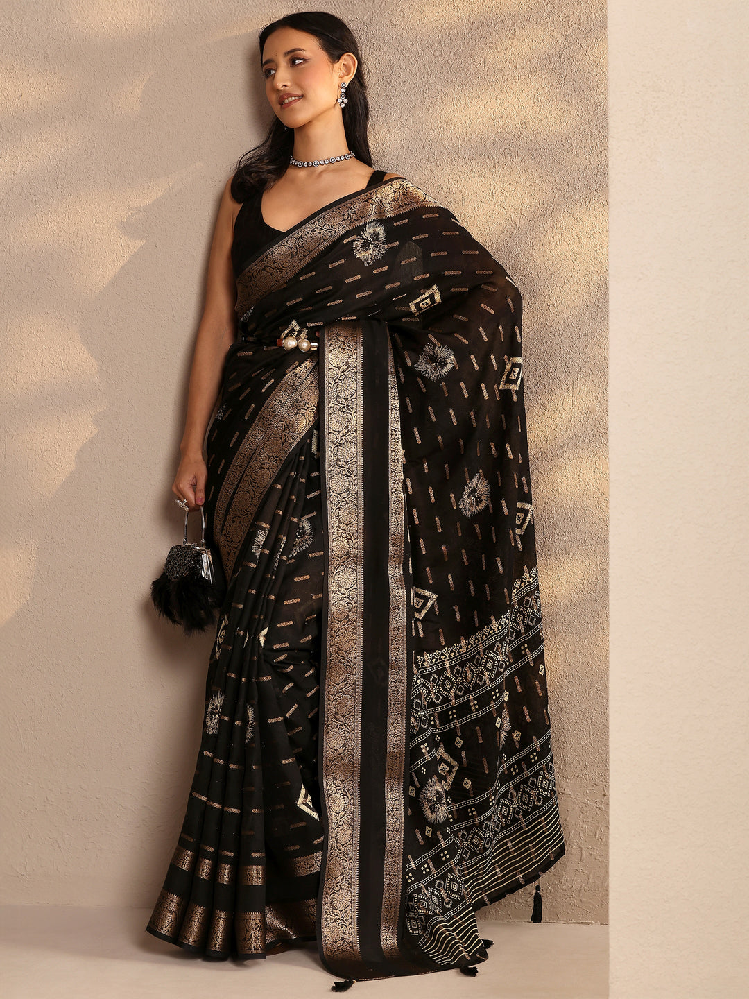  Black Woven Design Silk Blend Saree With Unstitched Blouse Piece 