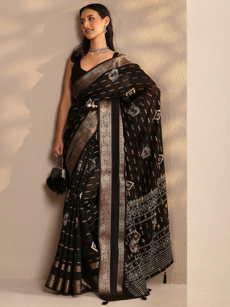 Libas Black Woven Design Silk Blend Saree With Unstitched Blouse Piece