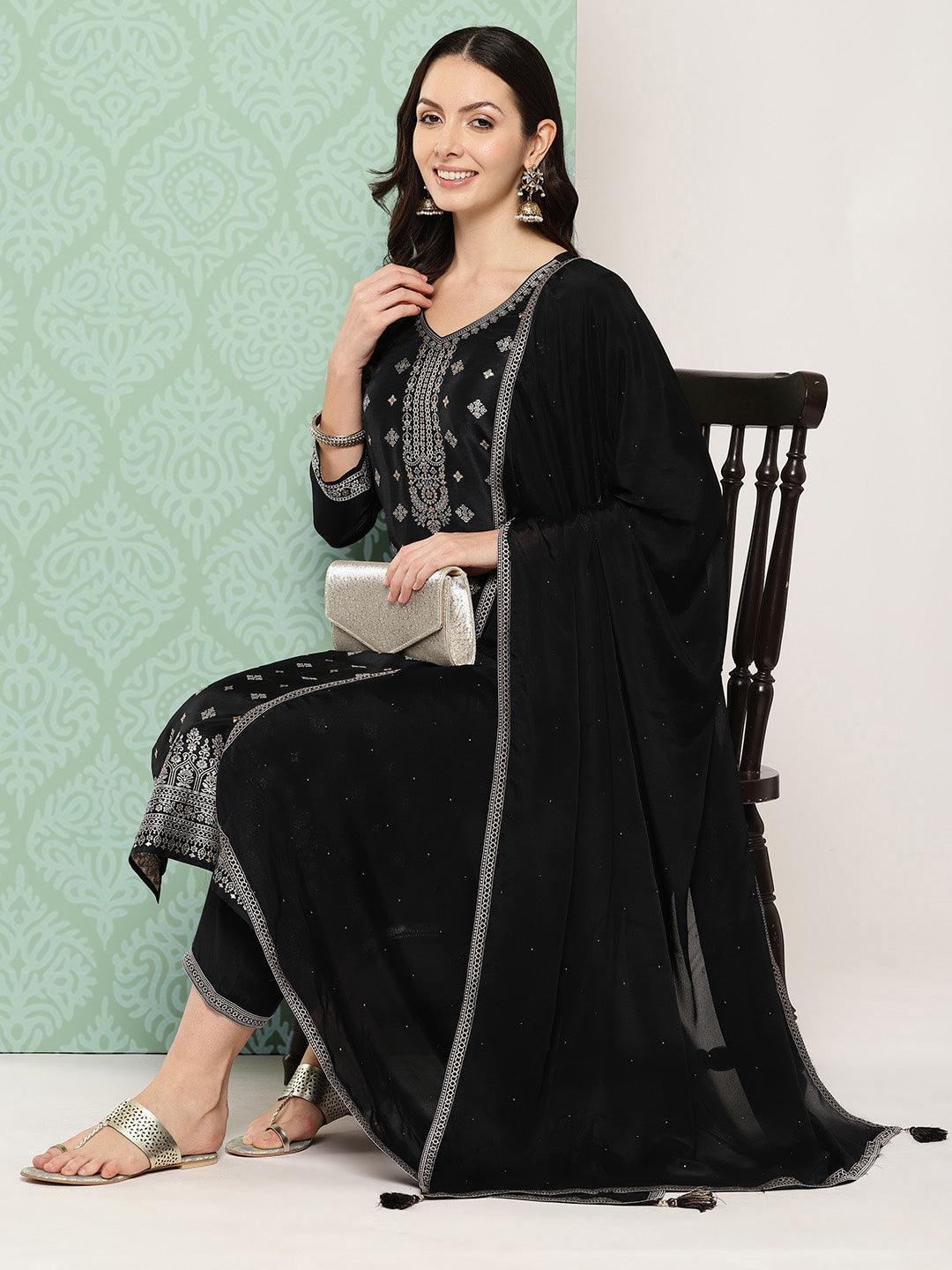 Black Woven Design Silk Blend Straight Suit With Dupatta