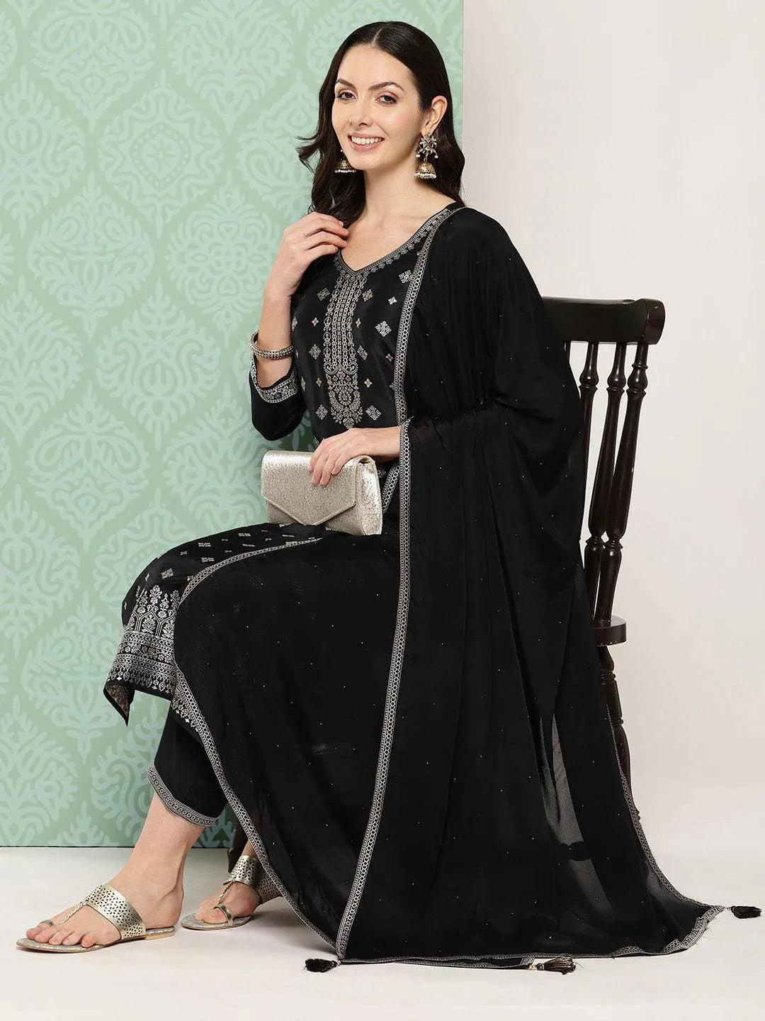 Black Woven Design Silk Blend Straight Kurta With Trousers & Dupatta - Libas