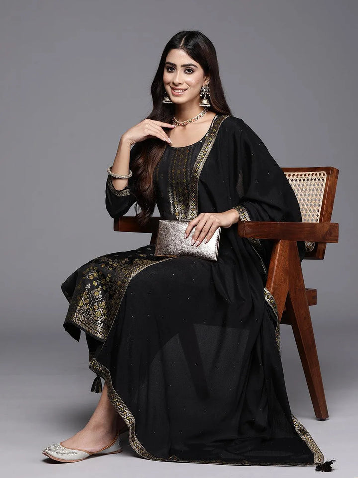 Black Woven Design Silk Blend Straight Kurta With Trousers & Dupatta - Libas