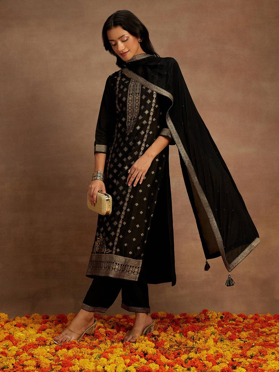 Black Woven Design Silk Blend Pakistani Suit