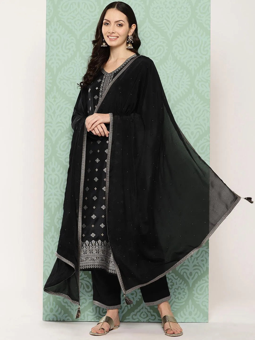 Black Woven Design Silk Blend Straight Kurta With Trousers & Dupatta - Libas 