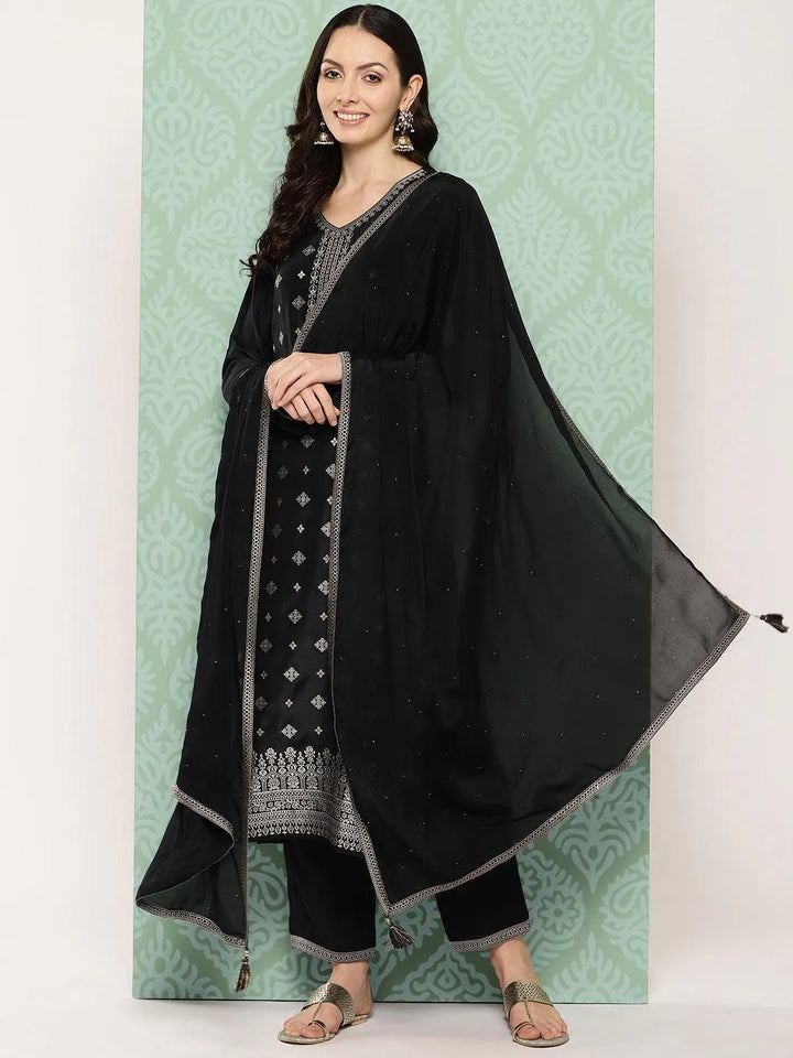 Black Woven Design Silk Blend Straight Kurta With Trousers & Dupatta - Libas