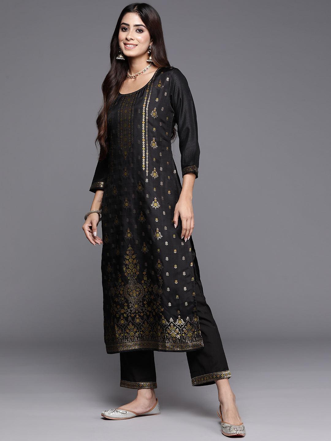 Black Woven Design Silk Blend Straight Kurta With Trousers & Dupatta - Libas
