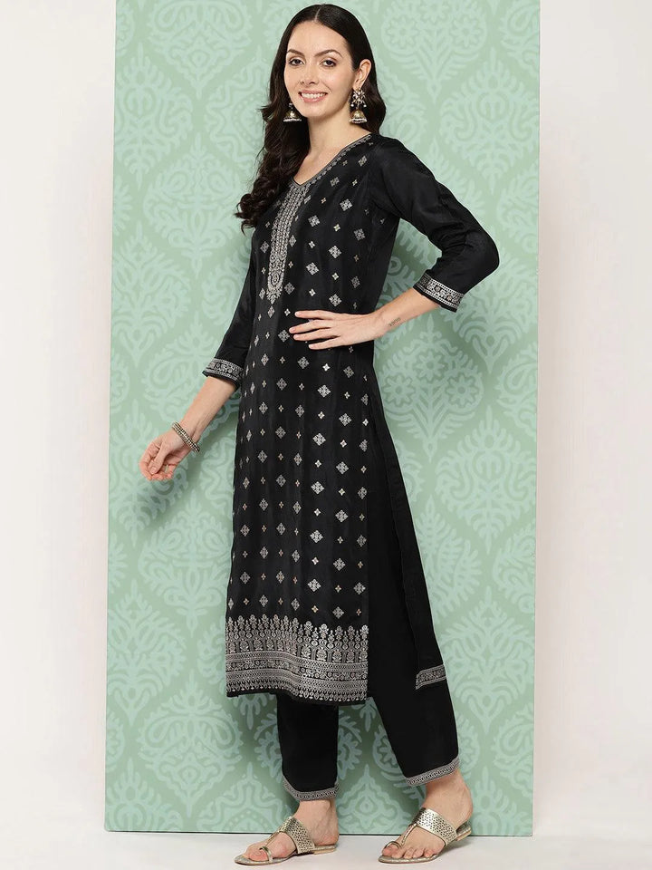 Black Woven Design Silk Blend Straight Kurta With Trousers & Dupatta - Libas