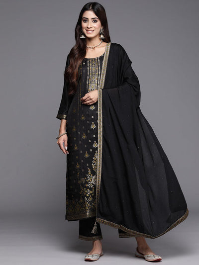 Black Woven Design Silk Blend Straight Kurta With Trousers & Dupatta - Libas