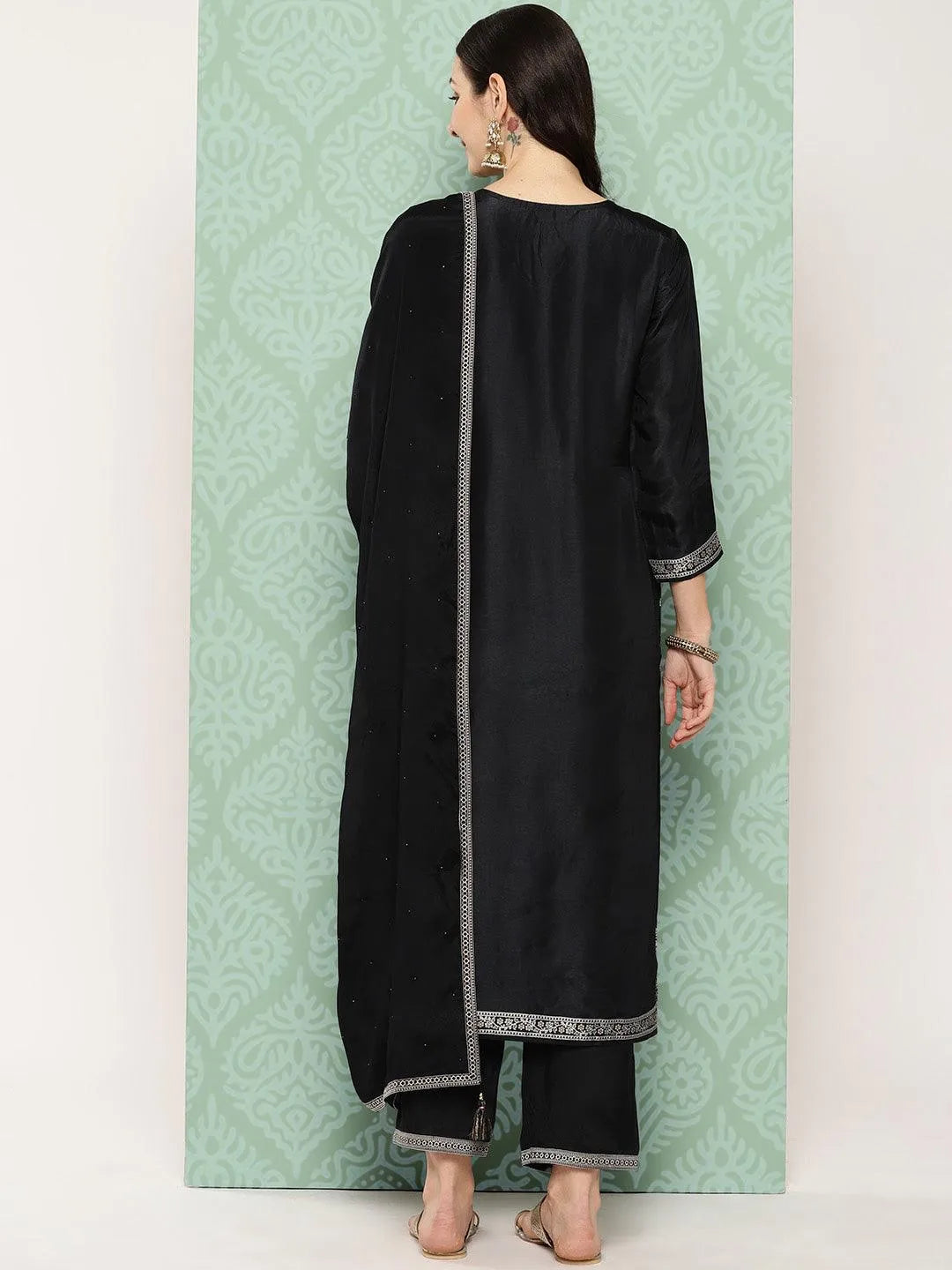 Black Woven Design Silk Blend Straight Kurta With Trousers & Dupatta - Libas