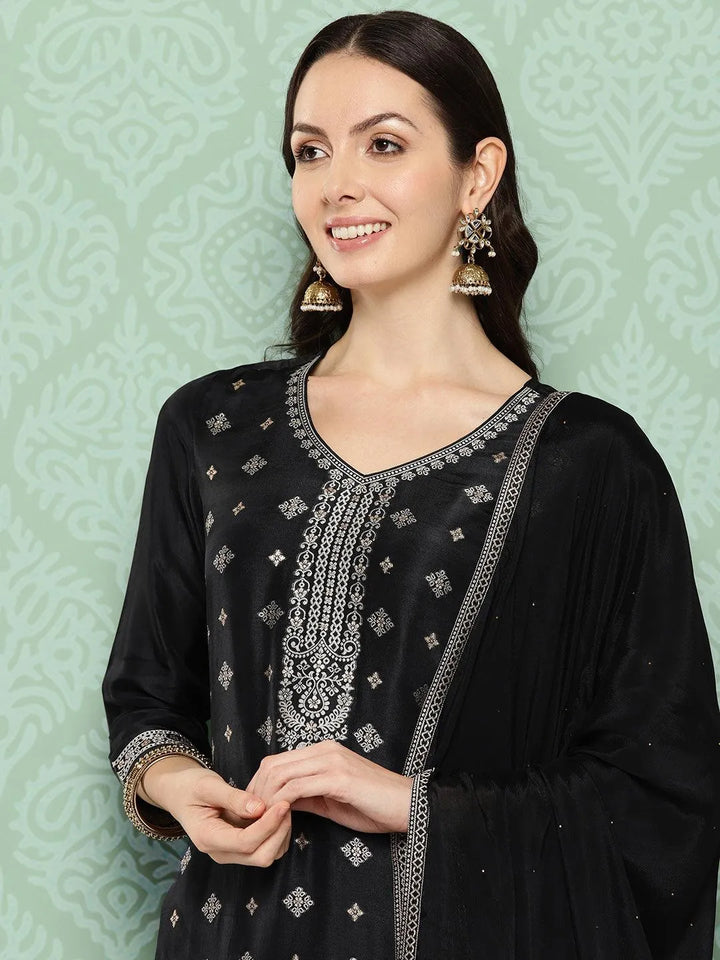 Black Woven Design Silk Blend Straight Kurta With Trousers & Dupatta - Libas