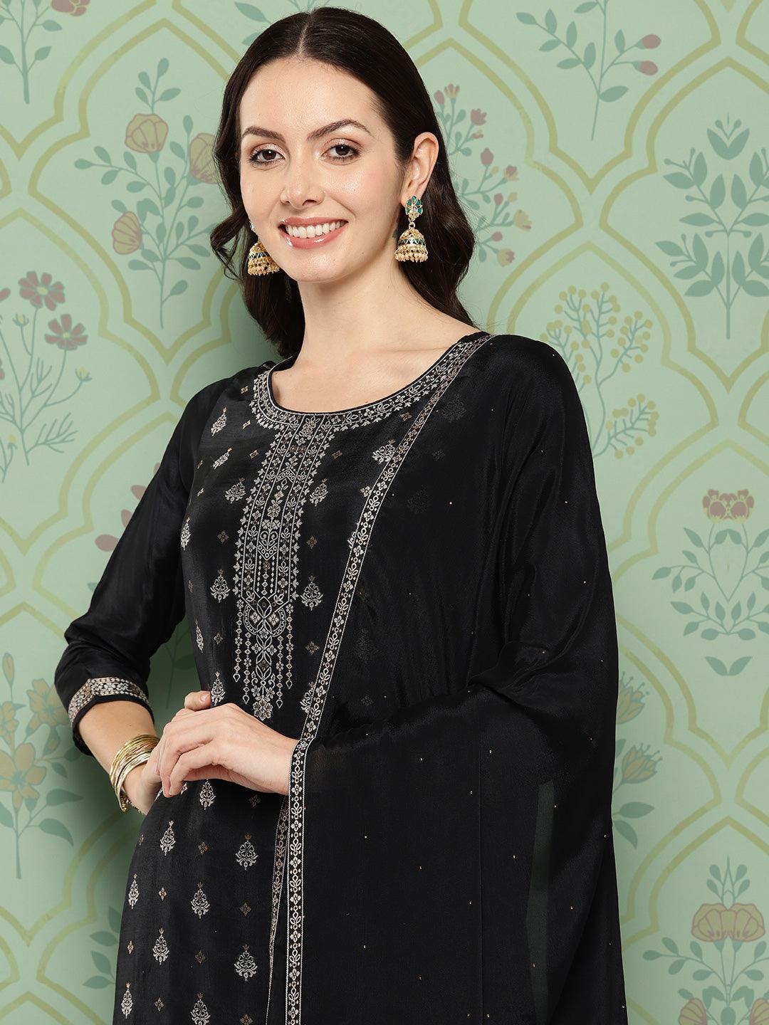 Black Woven Design Silk Blend Pakistani Suit