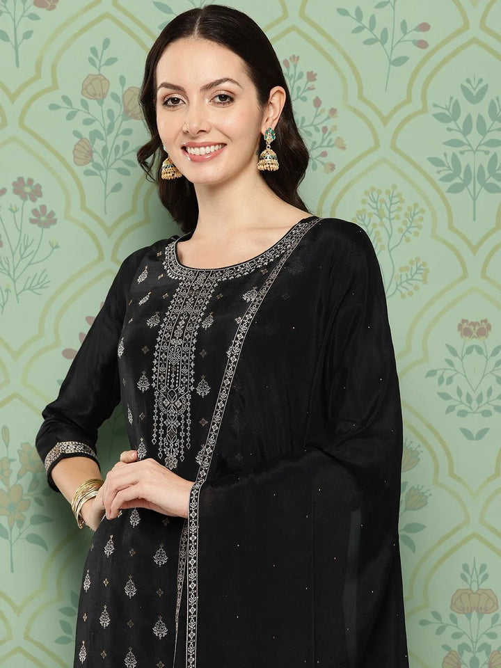 Black Woven Design Silk Blend Straight Kurta With Trousers & Dupatta - Libas