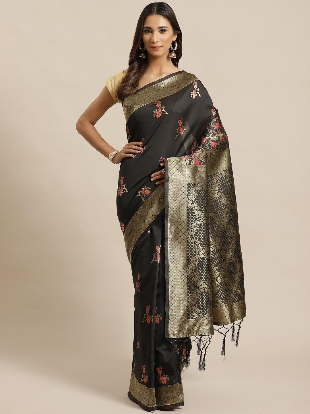 Black Woven Design Silk Saree - Libas