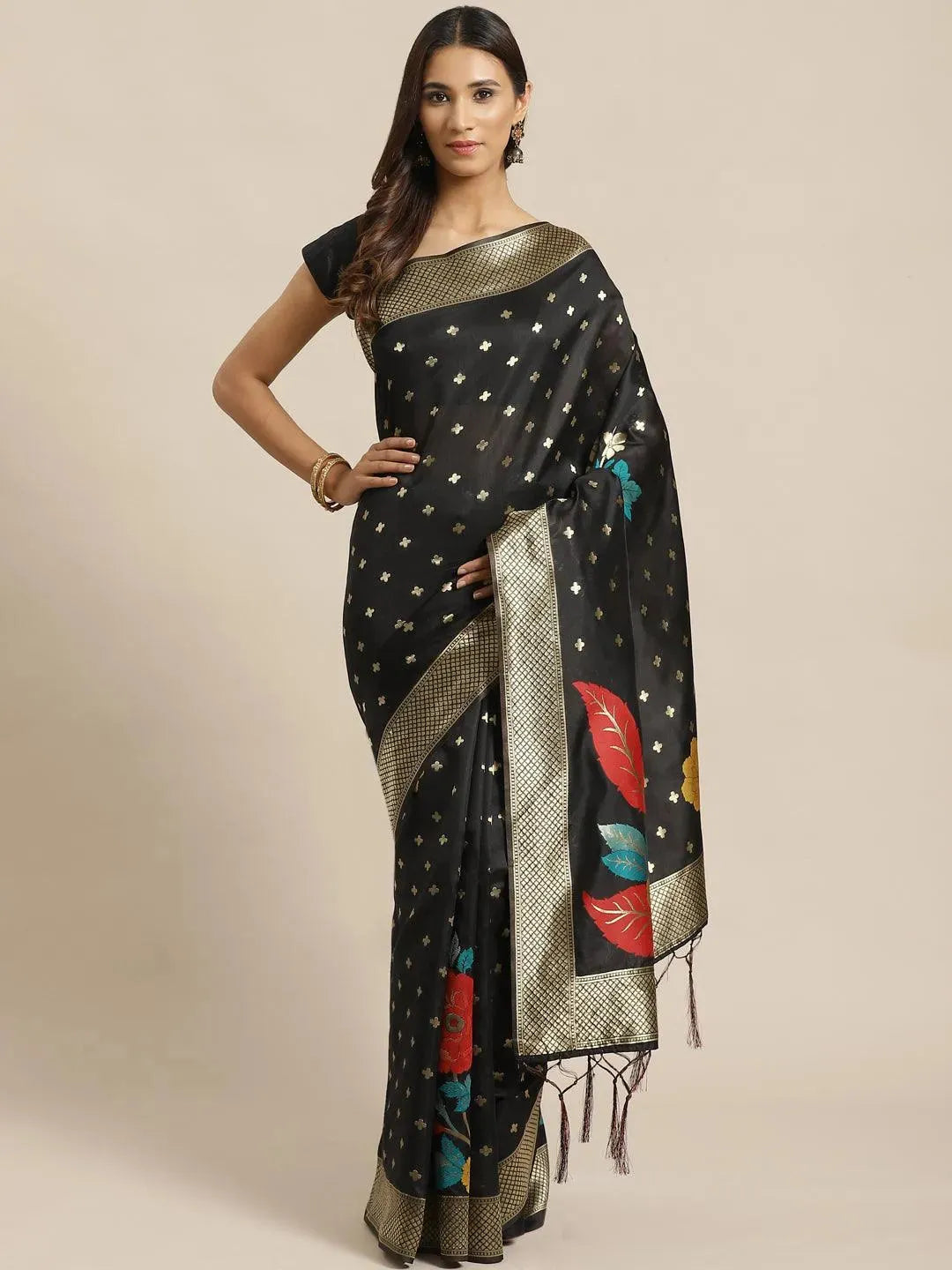 Black Woven Design Silk Saree - Libas