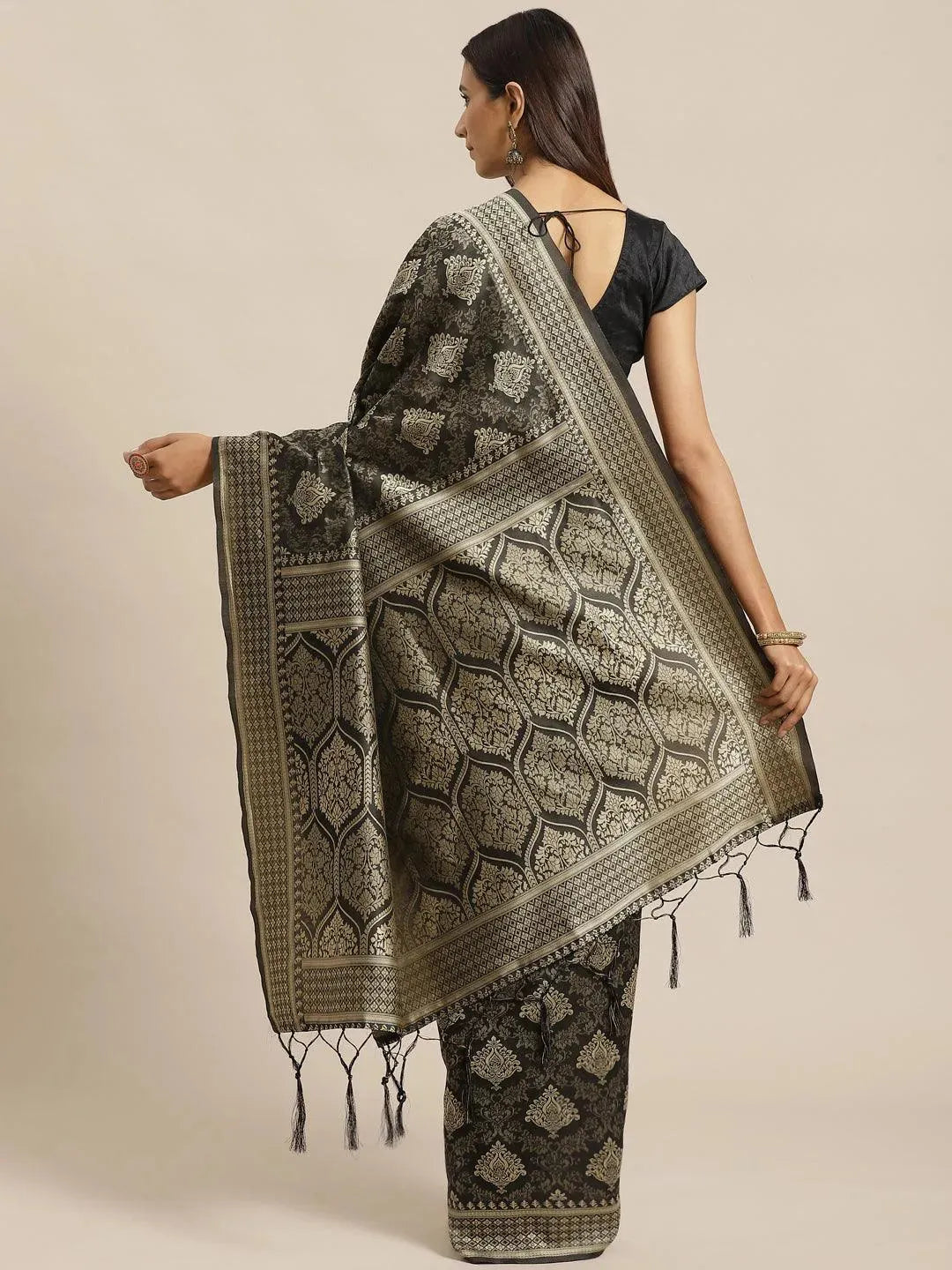 Black Woven Design Silk Saree - Libas 