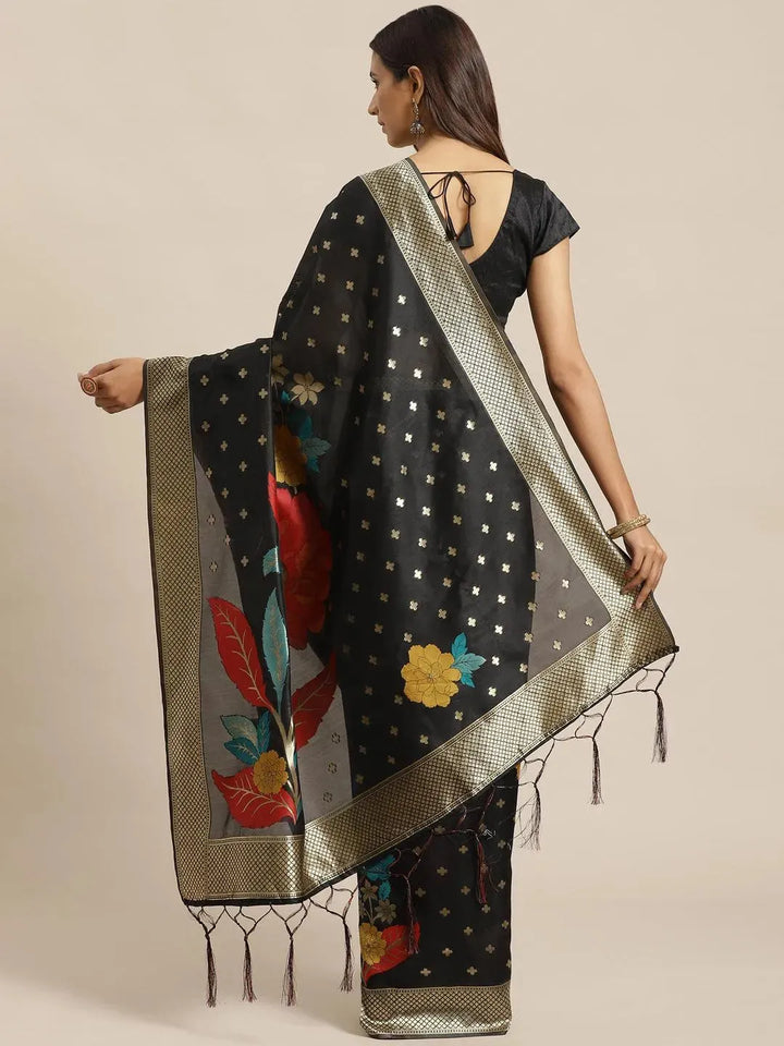 Black Woven Design Silk Saree - Libas