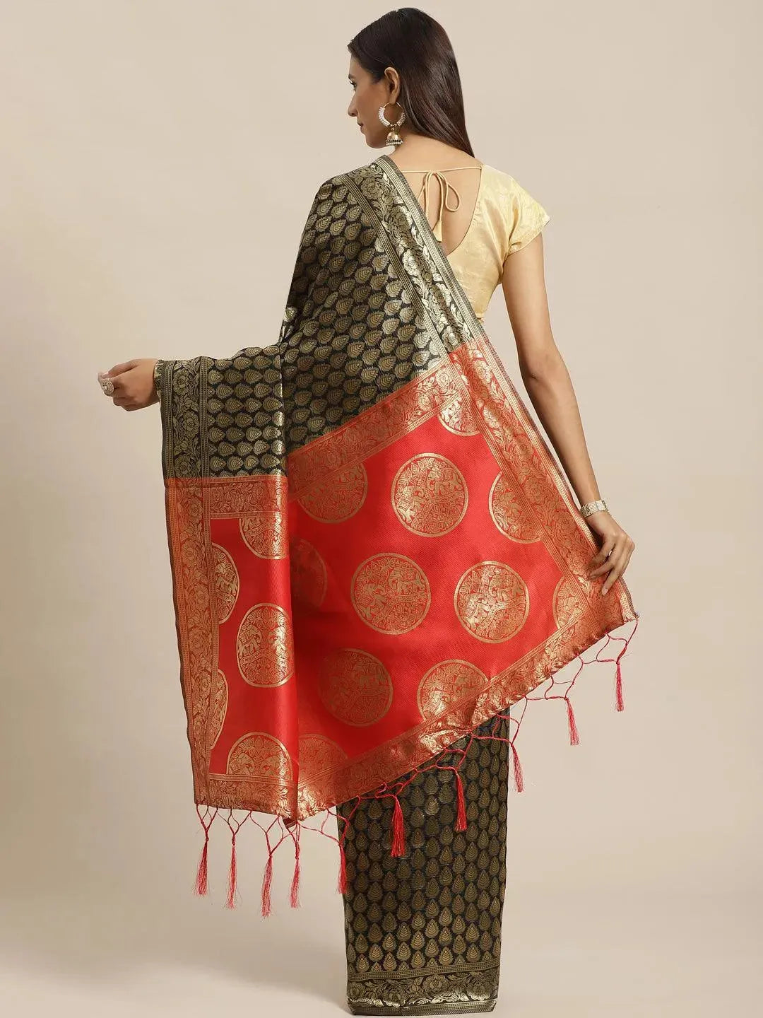 Black Woven Design Silk Saree - Libas 