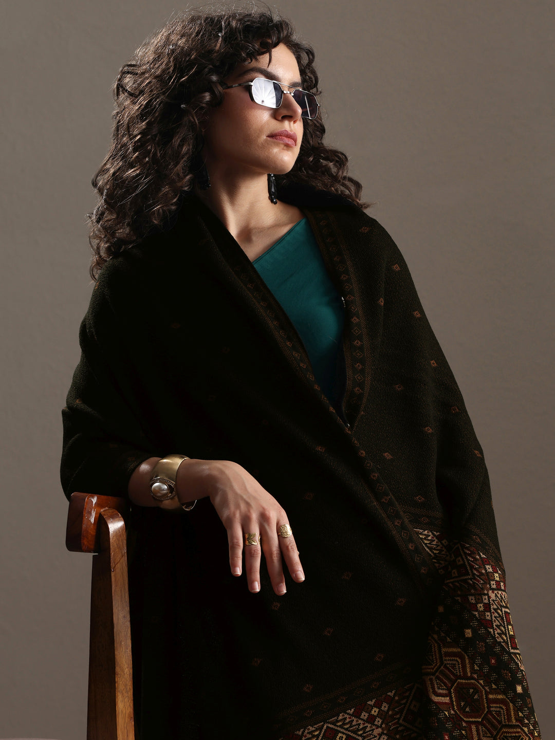 Black Woven Design Wool Women's Shawl