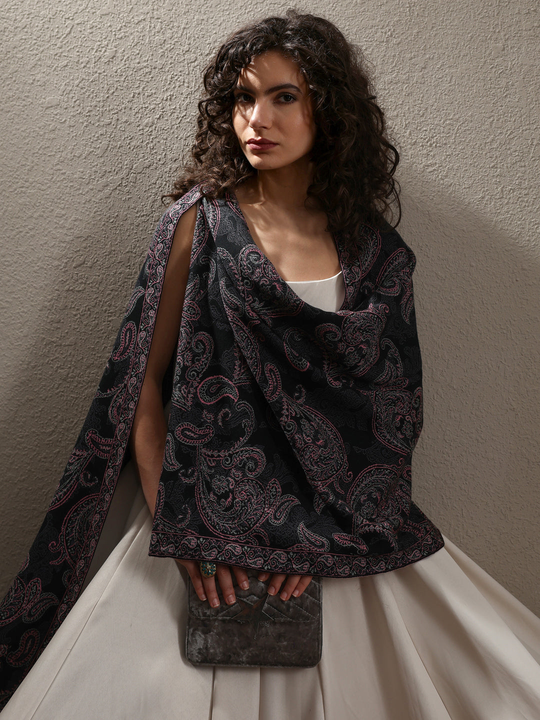 Black Woven Design Wool Women's Shawl