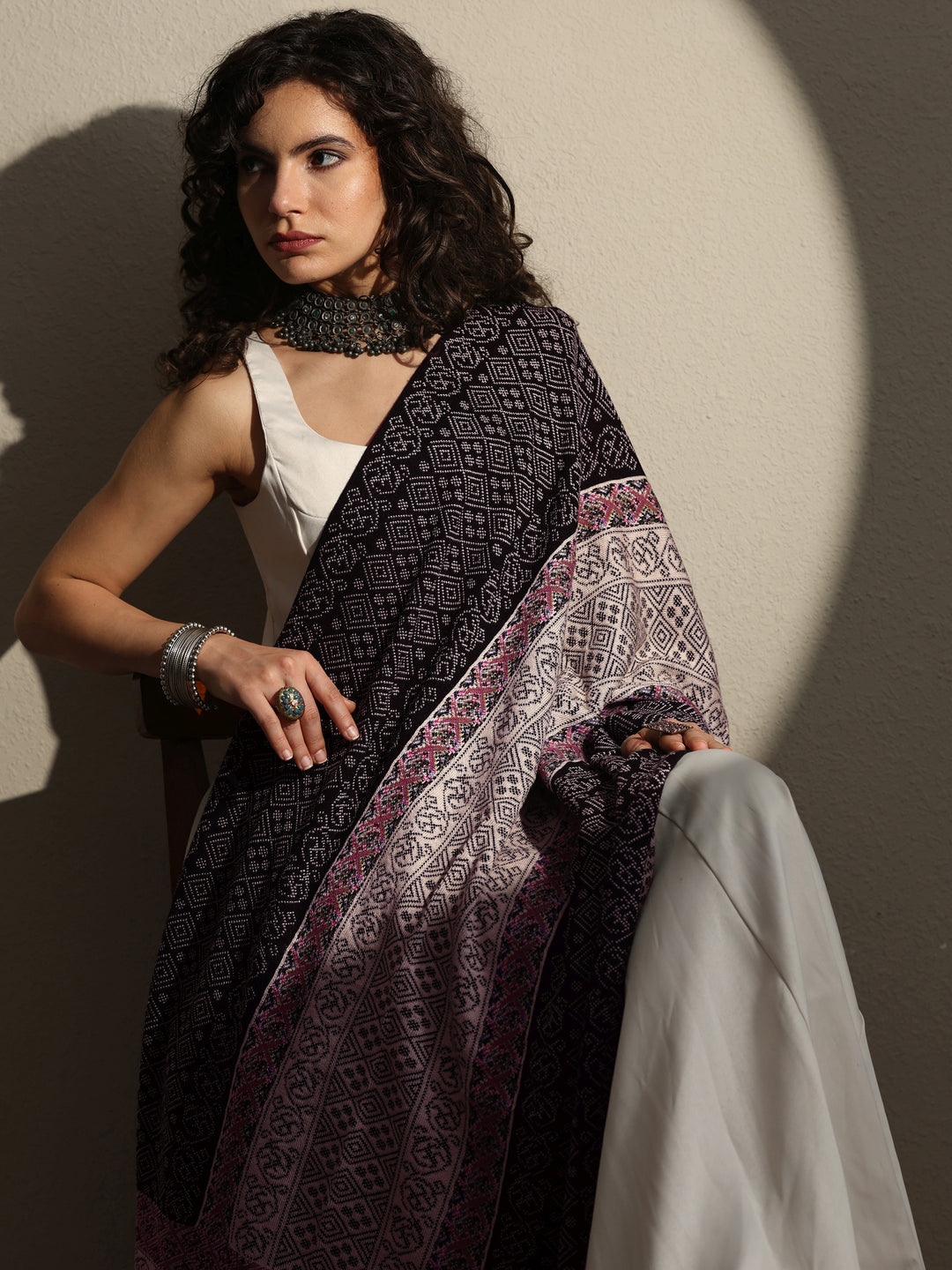 Black Woven Design Wool Women's Shawl