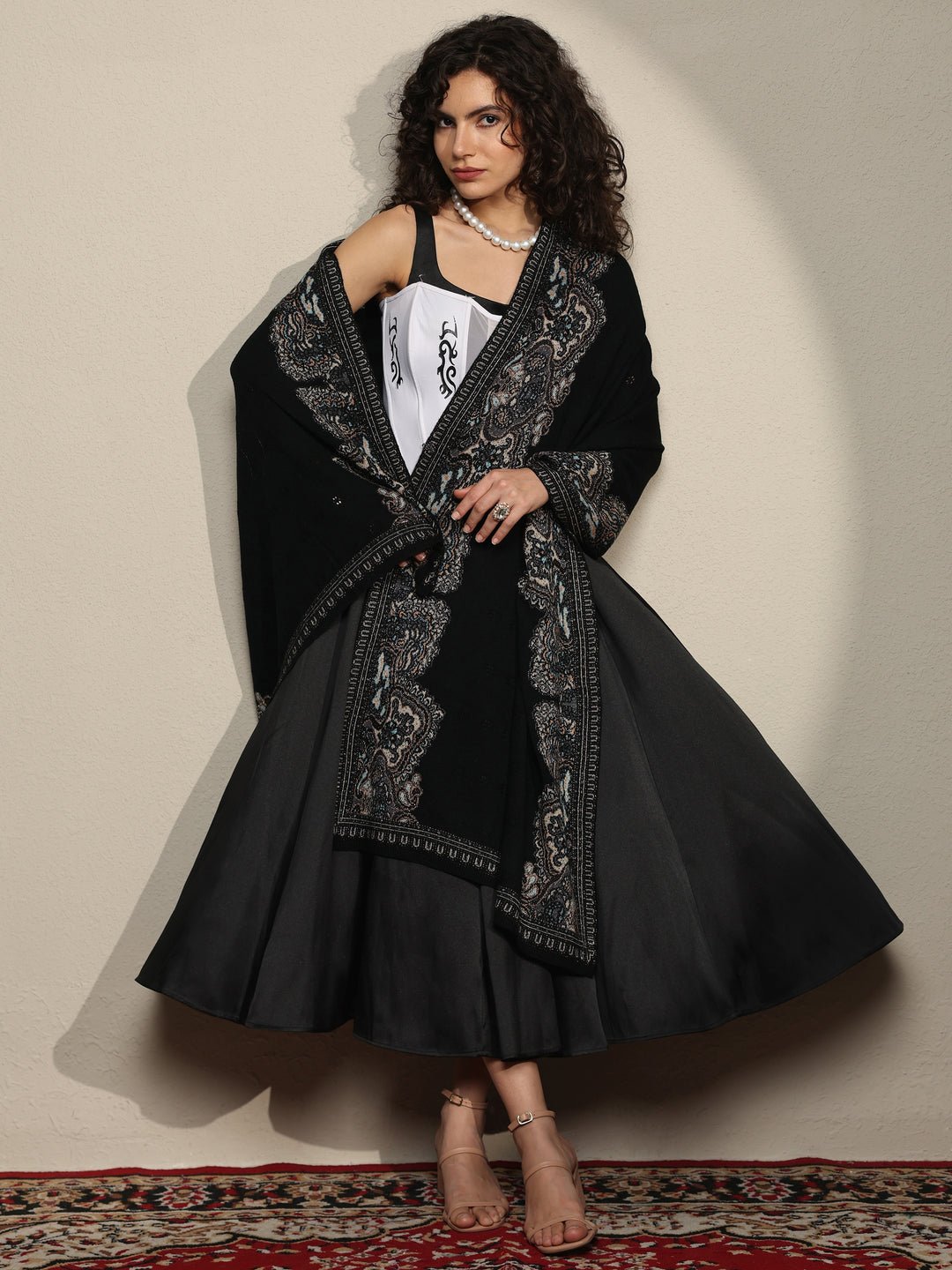  Black Woven Design Wool Women's Shawl 