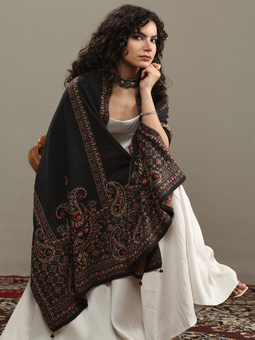 Black Woven Design Wool Women's Shawl
