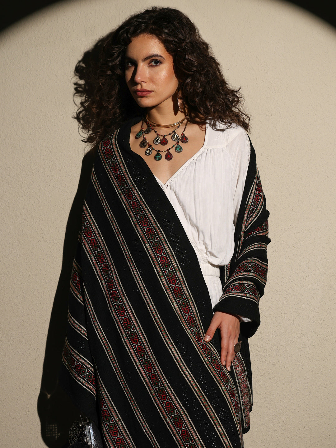 Black Woven Design Wool Women's Shawl